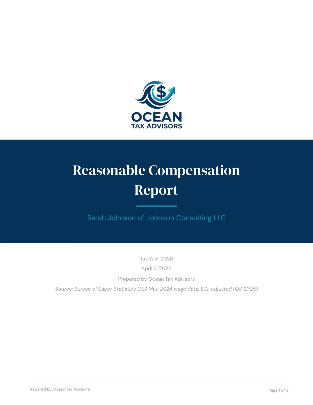 White-labeled report cover page showing custom logo, colors, and firm name